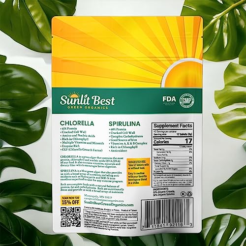 Sunlit Best Organic Chlorella Spirulina 500 Tablets - Pure Superfood Supplement Spirulina Chlorella Pills with Burst & Cracked Cell Wall Algae