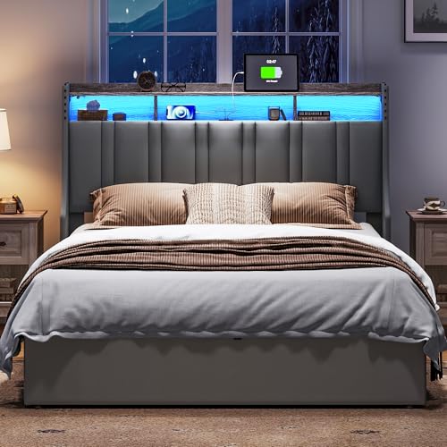 LINSY Lift Up Storage Bed Queen Bed Frame with Storage, Upholstered Bed Frames with Headboard