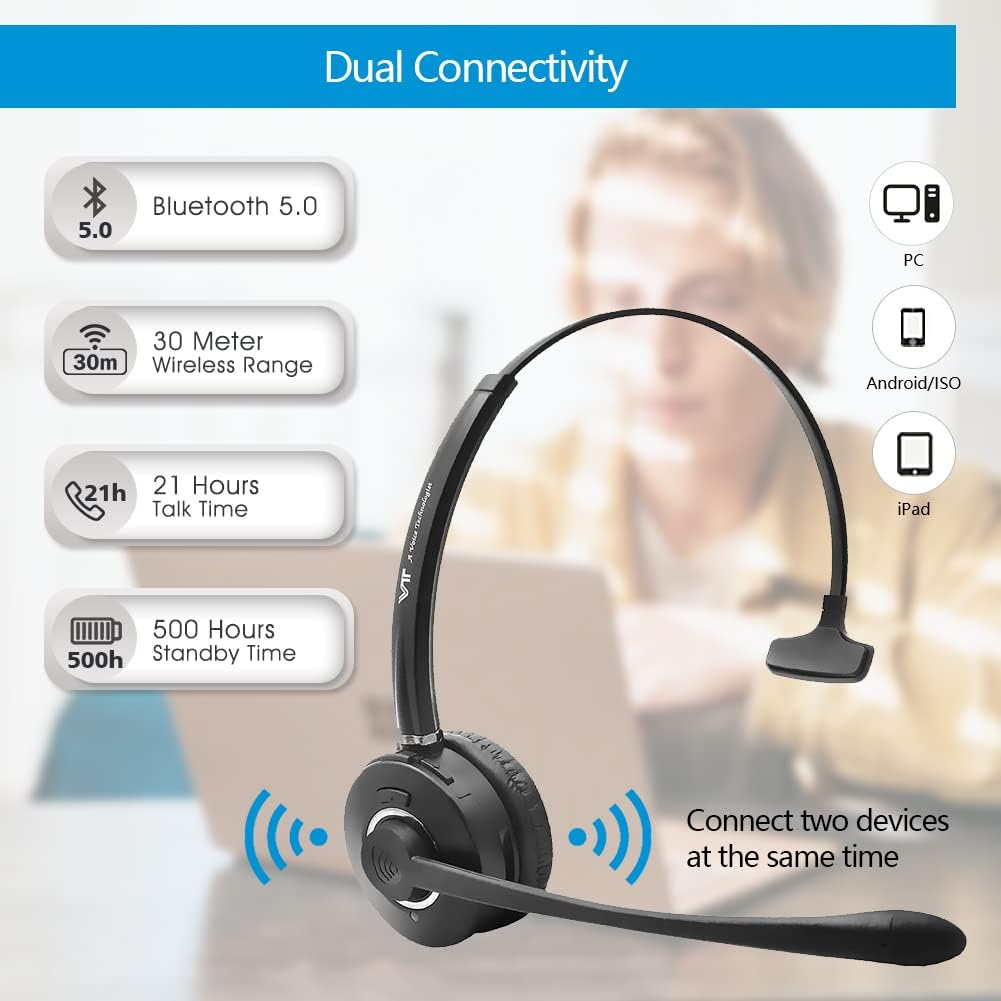 Voiceplus Bluetooth-Headset with Environment-Noise-Cancelling Microphone - Wireless Cellphone Computer Headphone with Mute,Volume