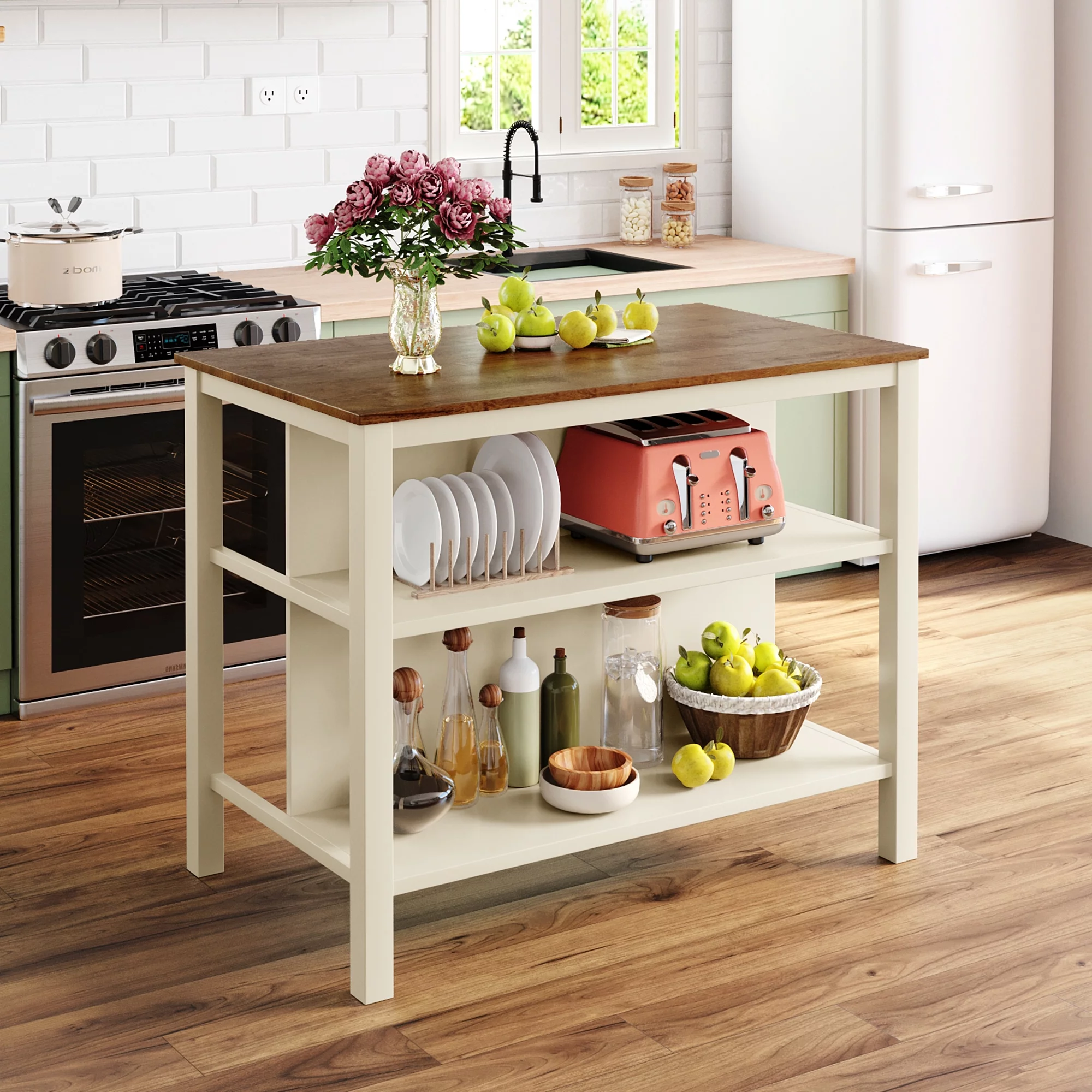 TOPMAX Solid Wood Rustic 45" Stationary Kitchen Island, Rubber Wood Butcher Block Dining Table Prep Table with 2 Open Shelves for Small Places