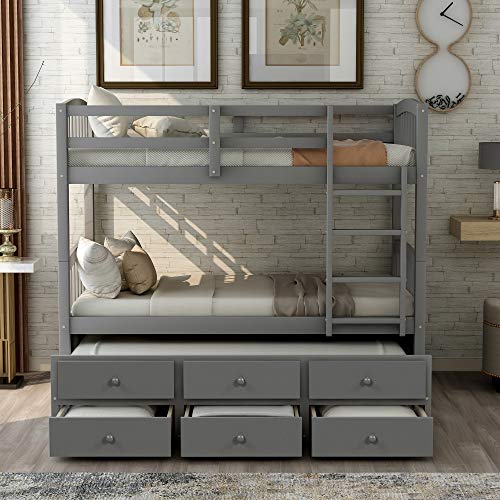 Ball & Cast Full Over Full Bunk Bed with Twin Size Trundle and Built in 4 Drawer,Wood Bunkbed w/Storage Ladder & Slat Support