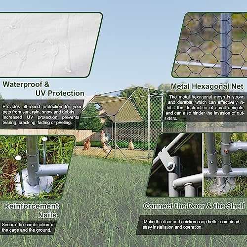Chicken Coop Large Metal Chicken Run for 6/10 Chickens Poultry Cage with Waterproof Cover for Duck Walk-in Chicken Pen for Yard