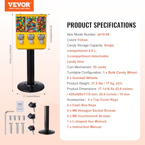 VEVOR Commercial Vending Machine, Triple Compartment Candy Dispenser with Iron Stand, Gumball and Candy Machine for Business