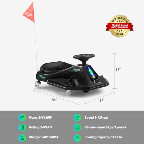 360 Degrees Rotating Ride On Drift Car and 2 Replacement Universal Wheels, 24V Electric Drifting Go Kart for Kids W/Brushless Motor, High/Low Speed
