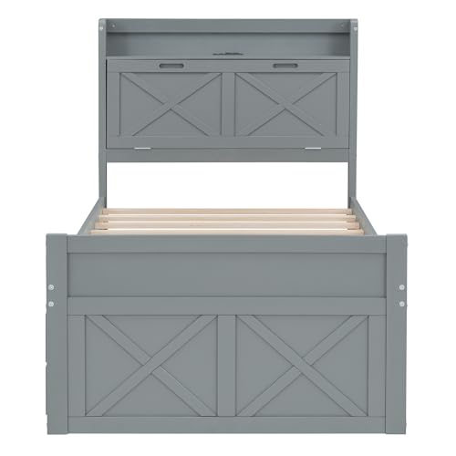 Harper & Bright Designs Twin Size Captain Platform Bed with Bookcase Headboard, Wood Twin Bed Frame with Storage Drawers and Shelves