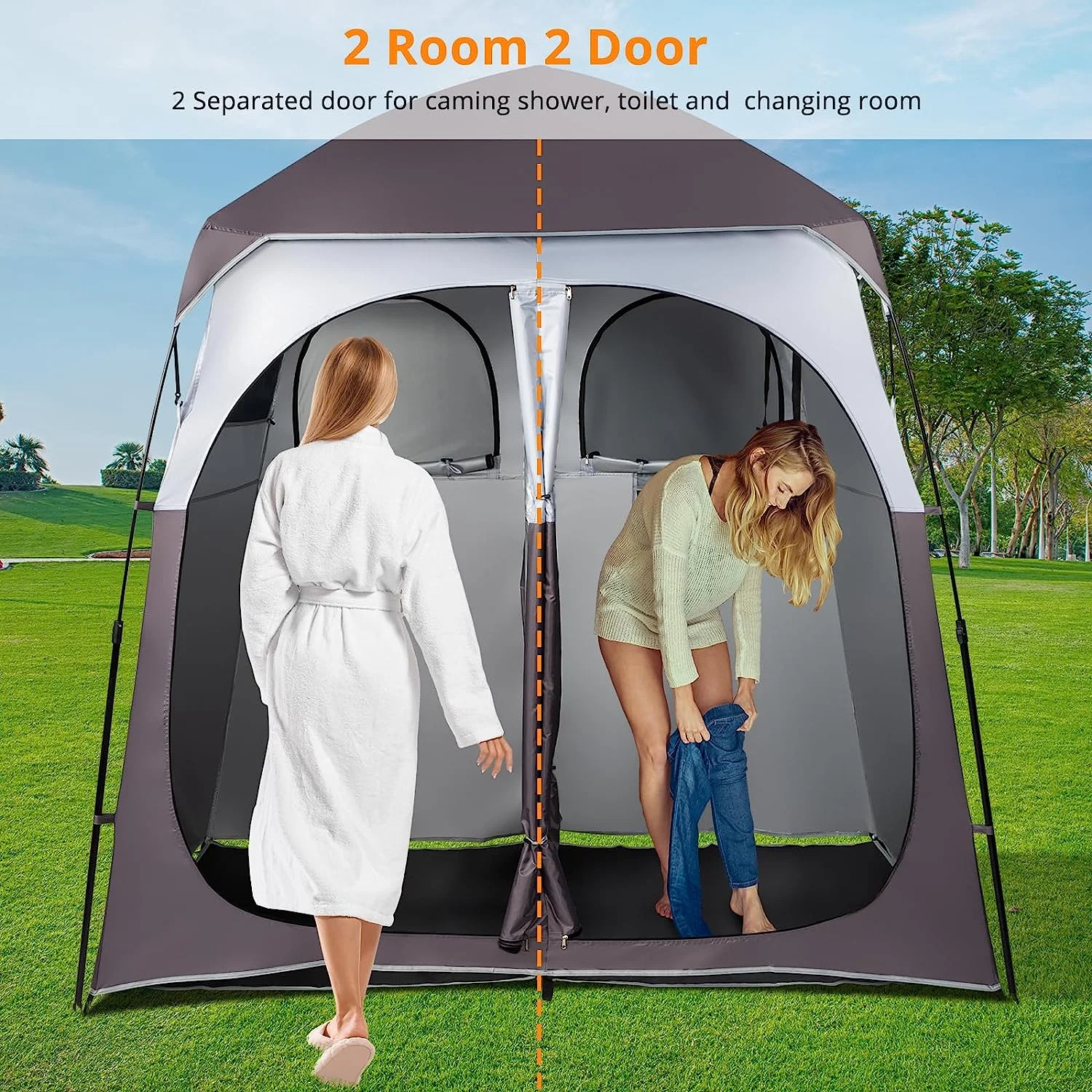 VINGLI 2 Room Shower Tent, 7.5 FT Instant Pop Up Shelter with Carrying Bag, Privacy Changing Room Tent,Perfect for Portable Toilet, Camping, Dressing