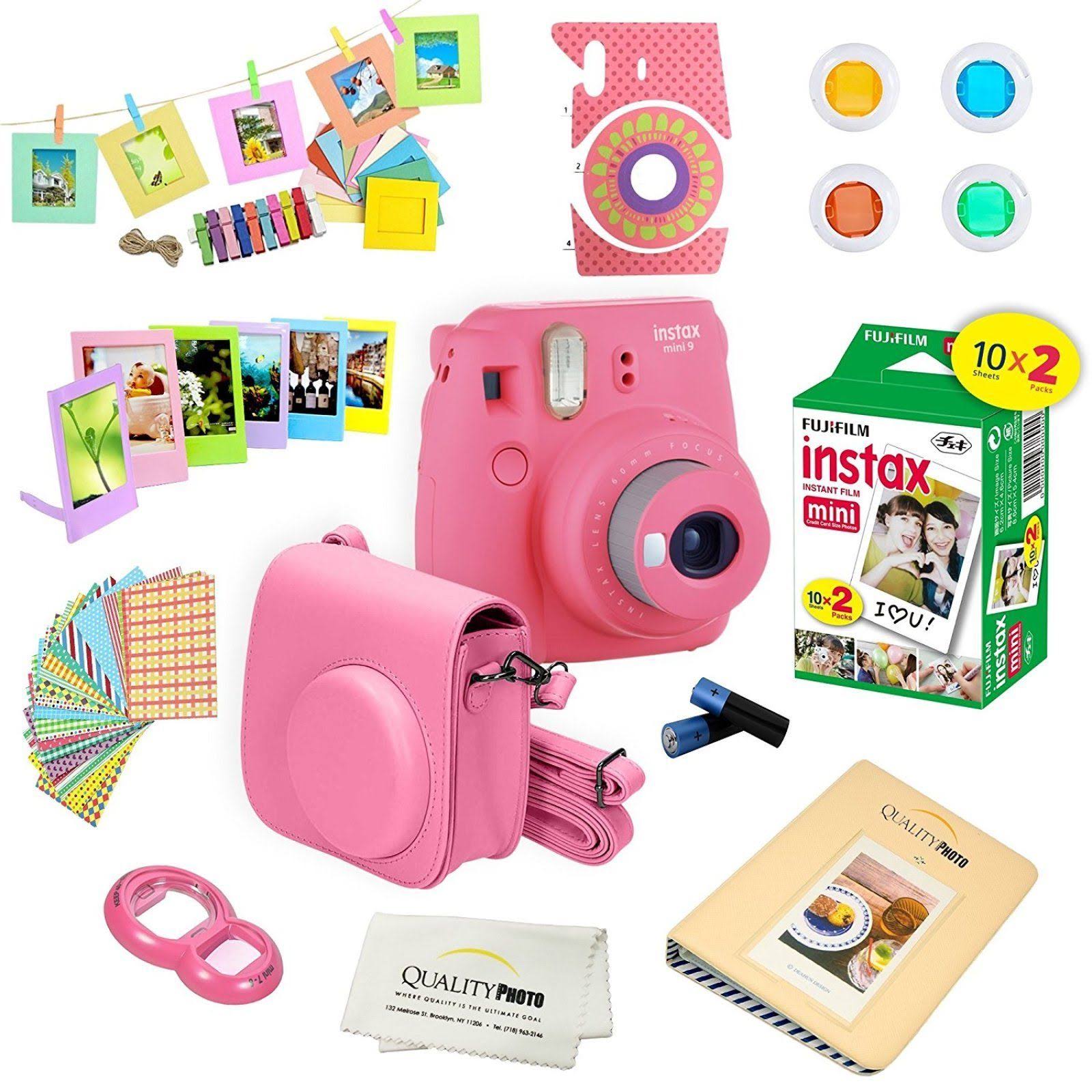 Fujifilm Instax Mini 9 Instant Camera Flamingo Pink W Film and Accessories - Polaroid Camera Kit