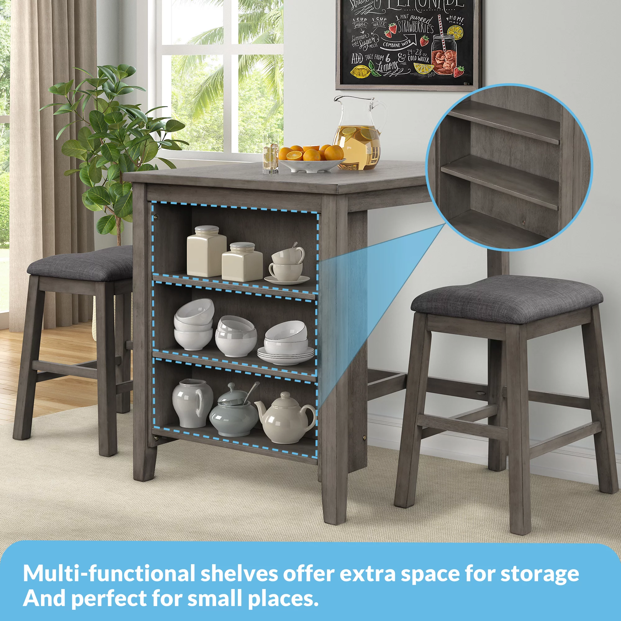 Churanty 3 Piece Wood Dining Table Set for 2,Kitchen Table with Storage Shelf and 2 Padded Counter Height Dining Chairs for Small Place, Gray