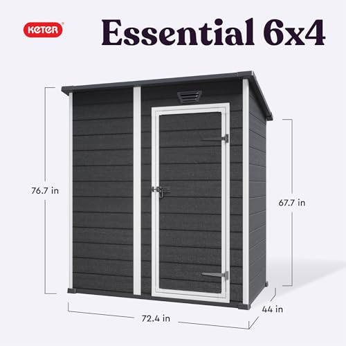 Keter Essential Shed 4x6 Resin Outdoor Storage Shed Ideal Storage for Patio Furniture, Garden Tools Bike Accessories, Beach Chairs and Lawn Mower