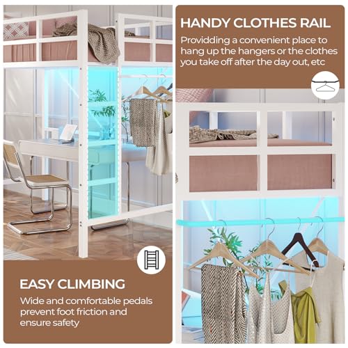 DICTAC Loft Bed Twin Size with Ladder and Guardrail,Metal Twin Loft Bed with Led Lights,Small Space Saving Furniture Design for Bedroom