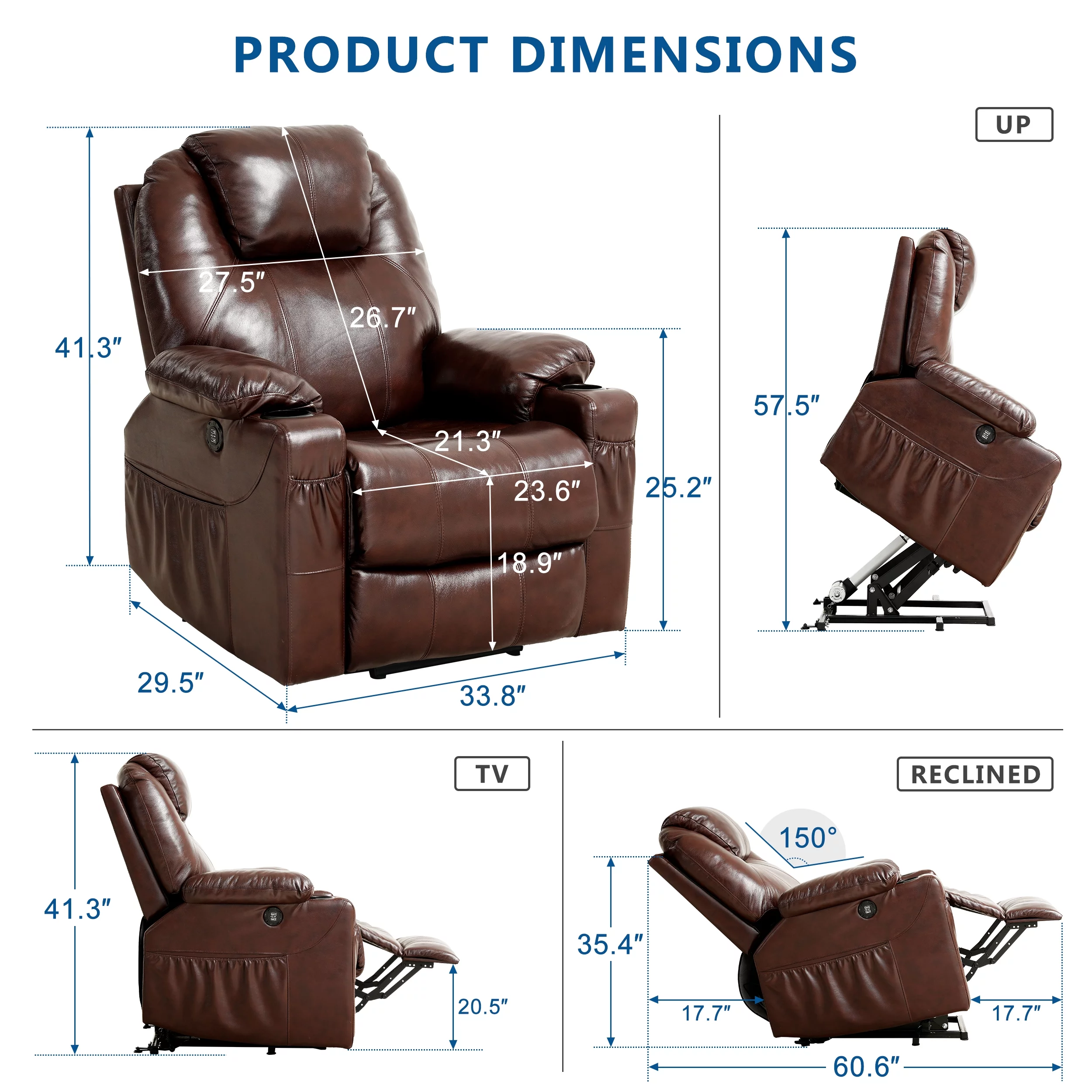 TEKAMON 3-Position Large Power Lift Recliner Chair with Massage and Heating for Elderly, Real Leather(Black)