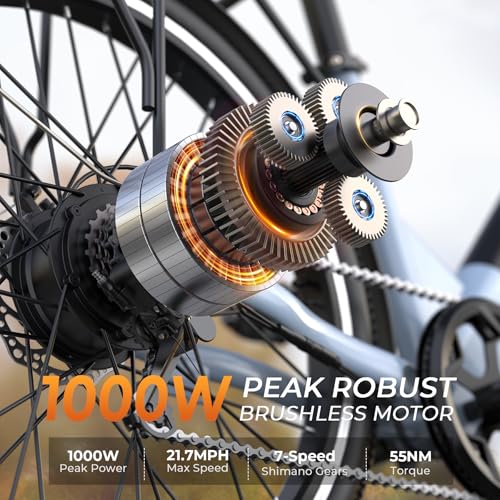 Electric Bike for Adults, 1000W Peak EBike, 50 Miles 21.7MPH Adult Electric Bicycles with 48V Built-in Removable Battery, Adjustable Stem, Rear Rack