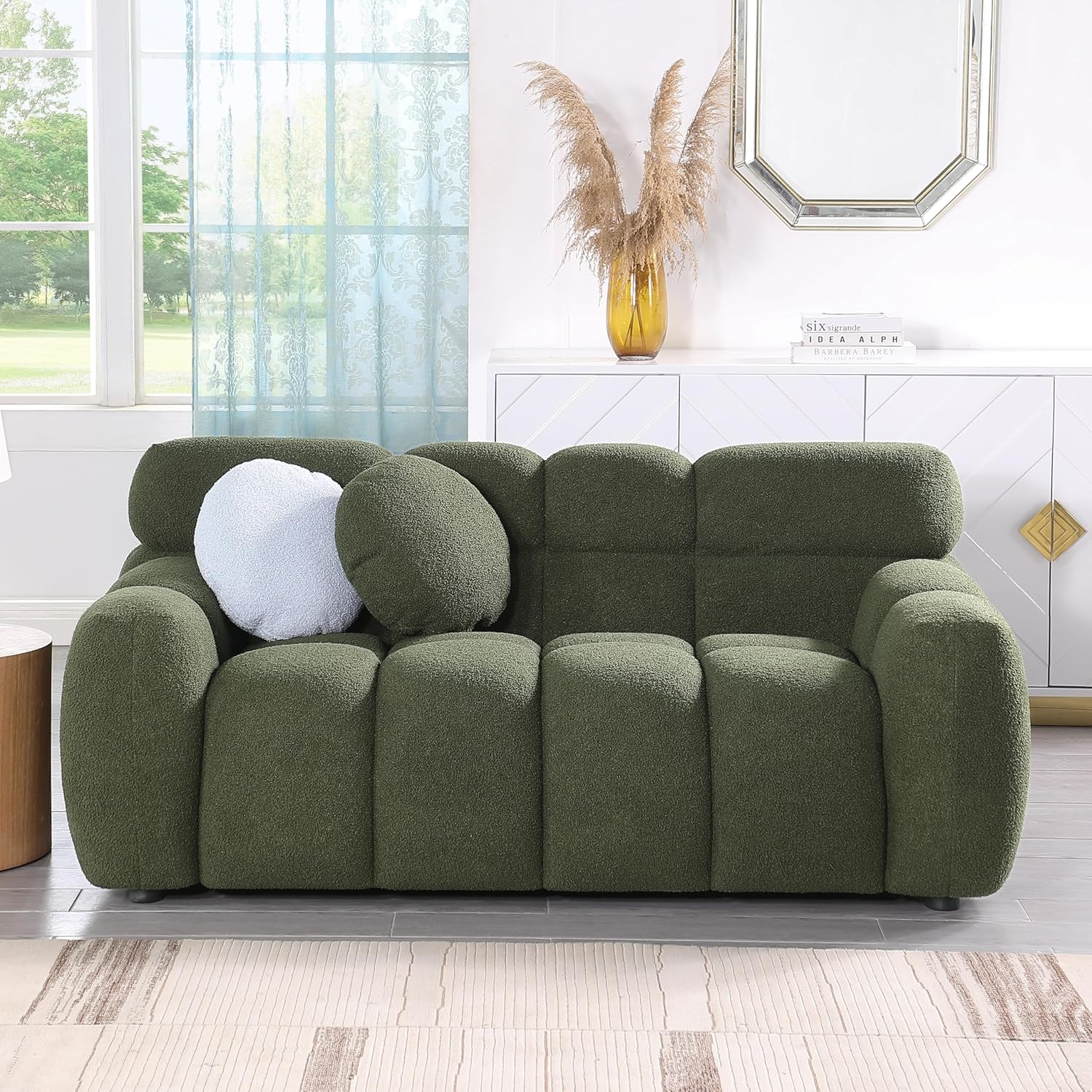 Modern Loveseat Sofa Olive Green Marshmallow Recliner Couch Living Room Lounge Settee with Pillows Abstract Lake House Contemporary Solid Felt Wood