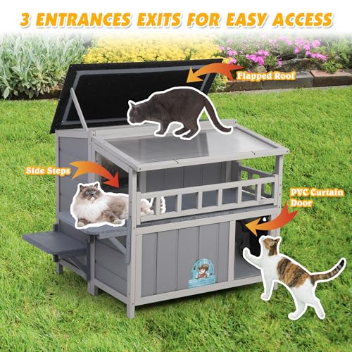 Outdoor Cat House, 2-Tier Warm Wood Cat Shelter with Sunlight Roof, Balcony, Jumping Platforms, Kitty Pet Porch Enclosure, Weatherproof, Openable