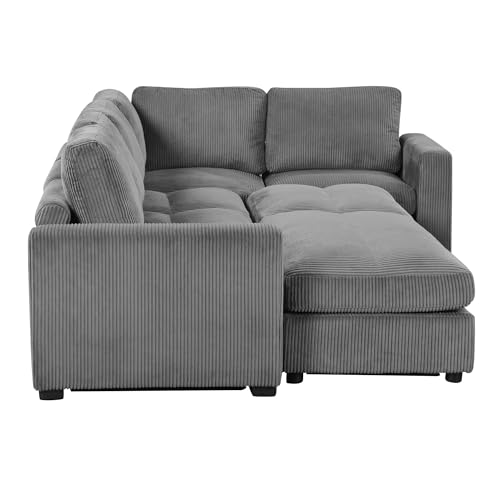 Merax 121.3" Sectional Corduroy Sofa Bed, L-Shape & U-Shape 7 Seat Deep Seating Modular Soft Couch with Two Movable Ottomans for Living Room, Gray