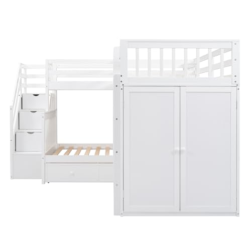 Merax L-Shaped Triple Bunk Bed with Desk & Stairs, Twin & Twin Over Full Bunk Bed for 3, Storage Drawers and Wardrobe Included, for Adults