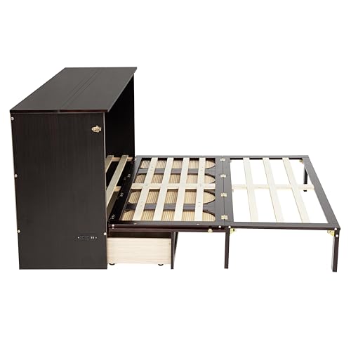Queen Murphy Bed with Desk and Removable Shelves on Each Side, Murphy Bed Chest Murphy Bed Frame w/USB Port for Home Office, Studio or Guest Room