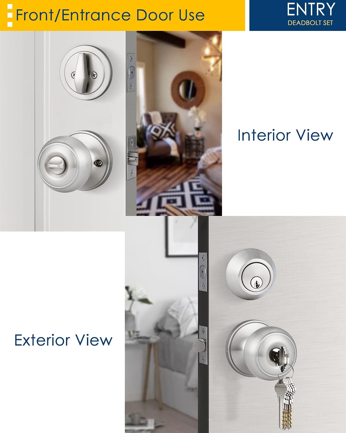4 Pack Entry Door Knob and Single Cylinder Deadbolt Combo Pack in Satin Nickel, Keyed Alike Exterior Door Lock Set with Deadbolt