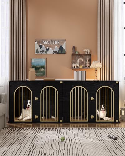 71" Dog Crate Furniture for 2 Dogs, Heavy Duty Indoor Dog Kennel TV Stand, XXL Wooden Dog Cage with Divider for Medium Large Dogs
