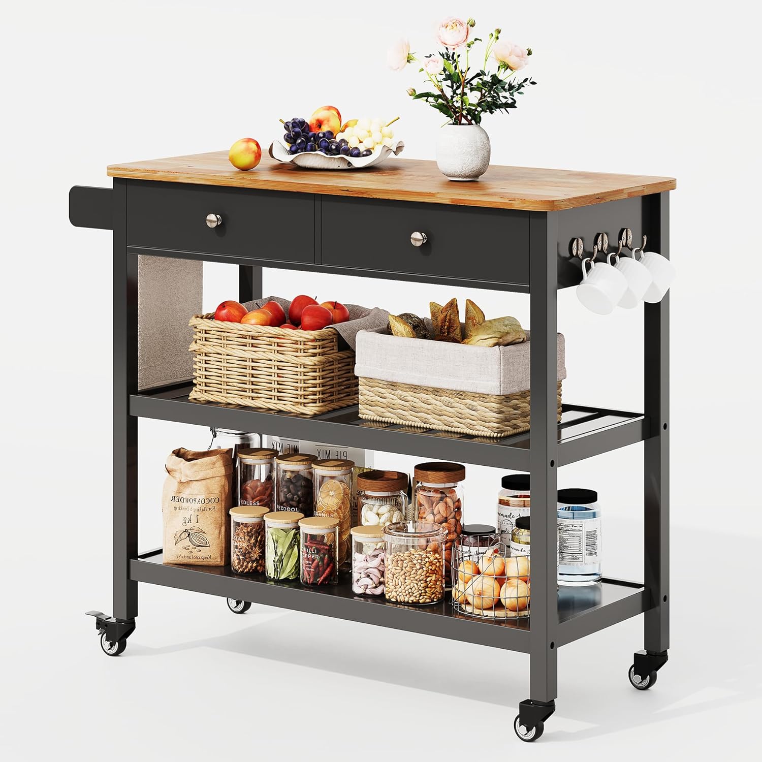 Gizoon Kitchen Island Cart with Storage, 40’’ Wooden Top, 2 Tiers Spacious Shelves and Towel Bar