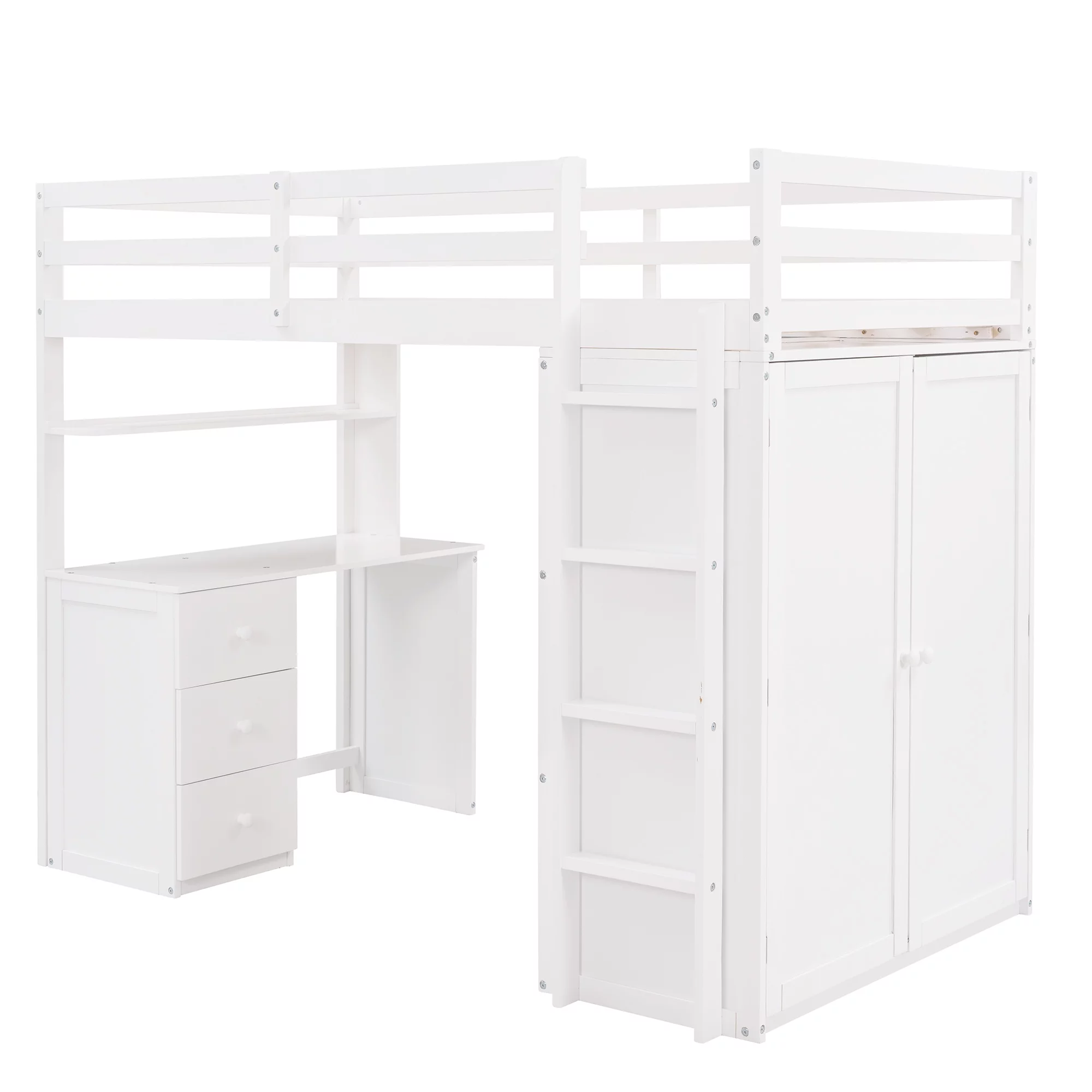 Wooden Twin Size Loft Bed for Kids, Twin Loft Bed with Drawers, Desk, Wardrobe, Ladder & Safety Rails