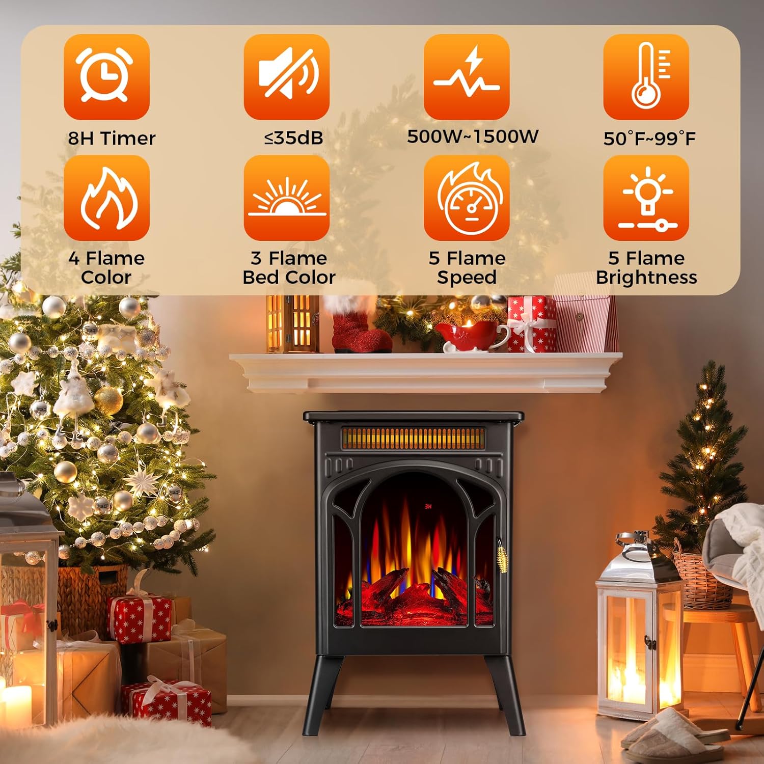 COWSAR Electric Fireplaces, 1500W Infrared Electric Stove Heater, Efficient Heating, 3D Realistic Flame, Remote Control, 8H Timer