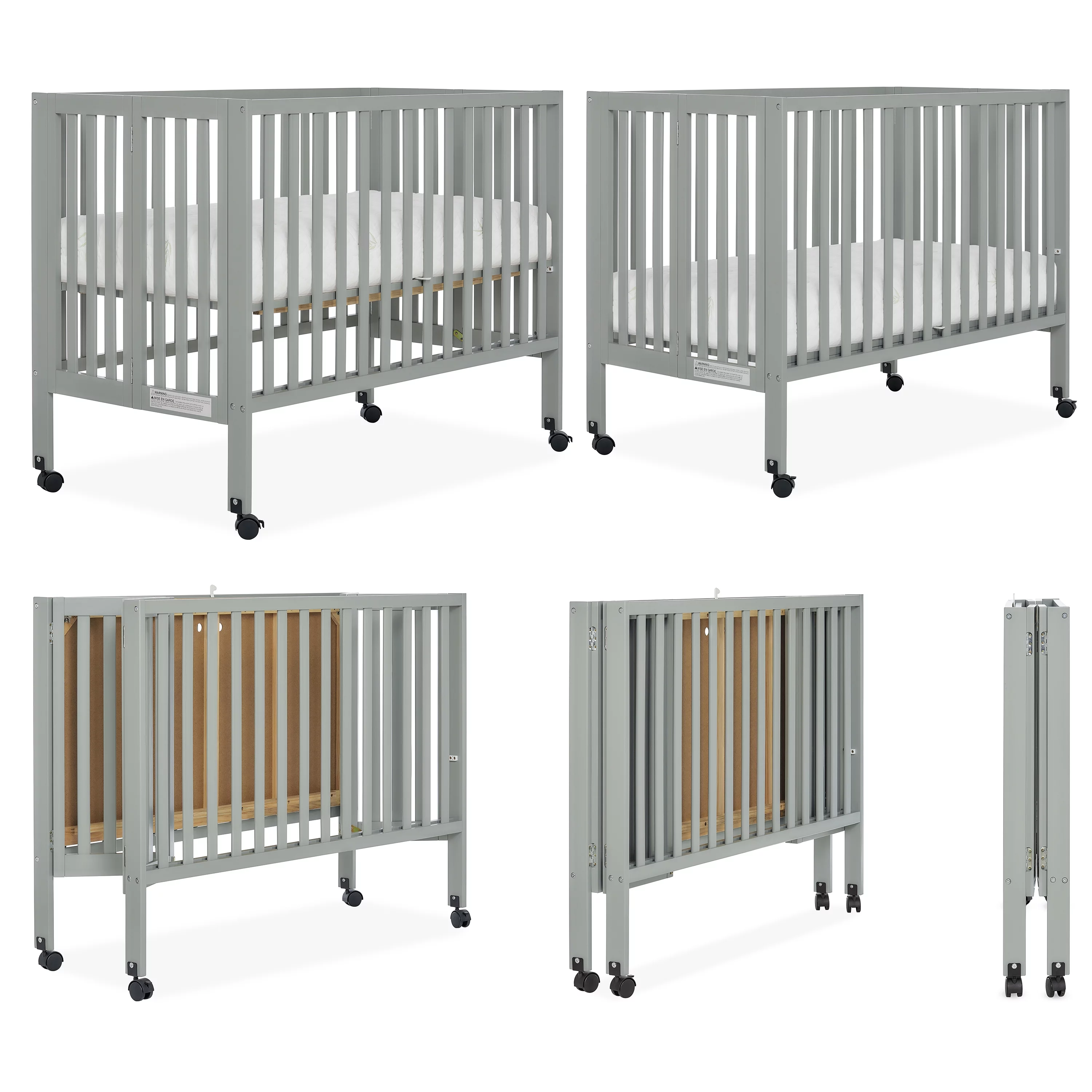 Dream On Me Quinn Full-Size Folding Crib in Cool Grey, Removeable Wheels, Modern Nursey, Adjustable Mattress Support, Portable Crib