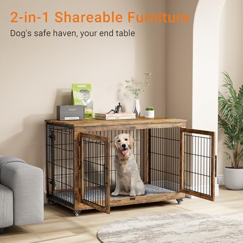 Lulive Dog Crate Furniture for Medium Dogs, 32'' Dog Kennel Indoor with Cushion & Wheels Wooden Dog Cage Double Doors Dog Crate End Table, Grey