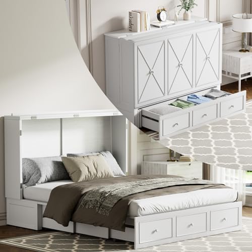 Mjkone Murphy Bed Cabinet with Tri-Folding Mattress, USB Charging Station & Storage Drawers, Multi-Purpose Guest Room Wall Bed