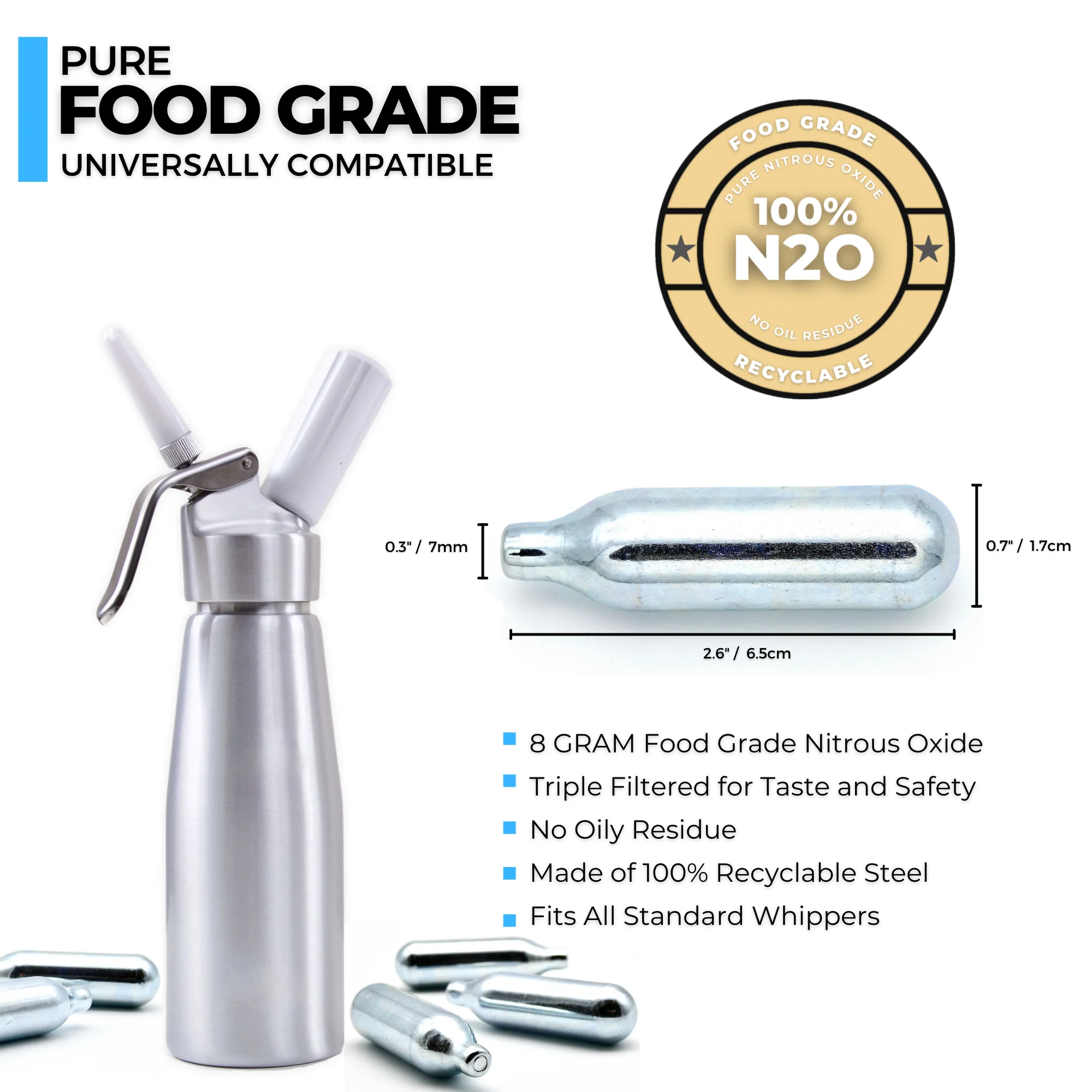 ICO Brand 8g N2O Whipped Cream Chargers Cartridges, 50 Count
