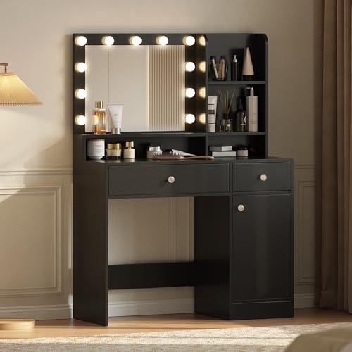 Vanity Desk with Mirror and Lights, Diamond Edition Vanity Desk, Makeup Vanity Table with 3 Drawers & 5 Open Shelves