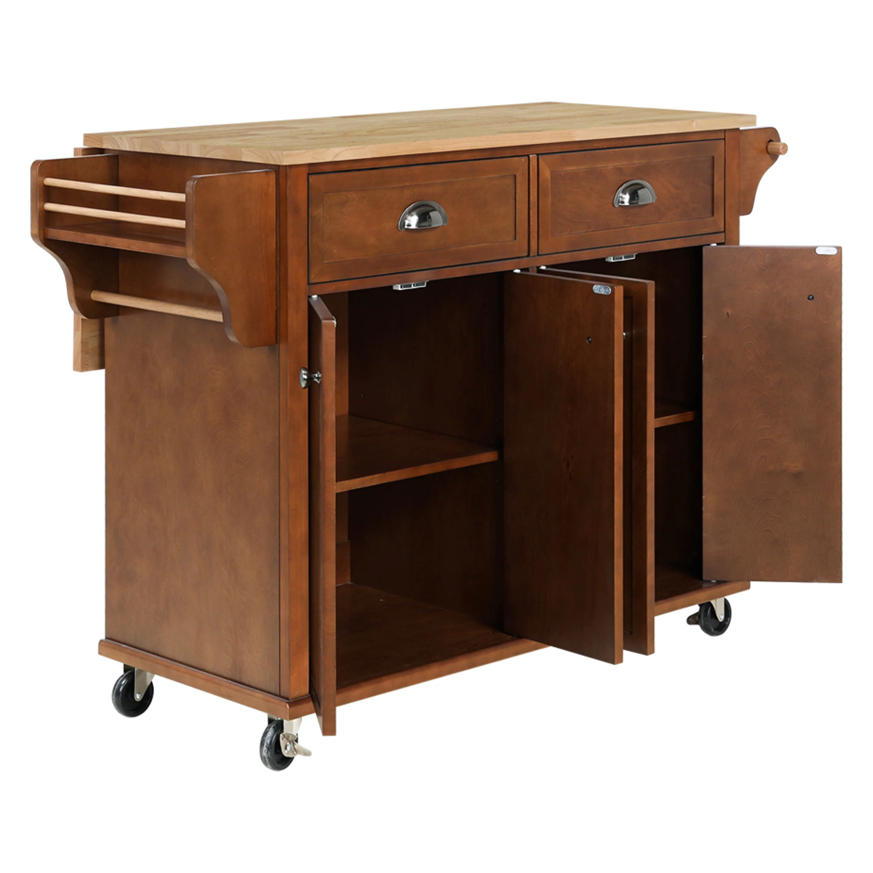 Rolling Kitchen Island Cart with Large Storage Cabinet on Wheels, Solid Rubberwood Countertop with Drop Leaf, Greenguard Gold Certified, 4-Droors