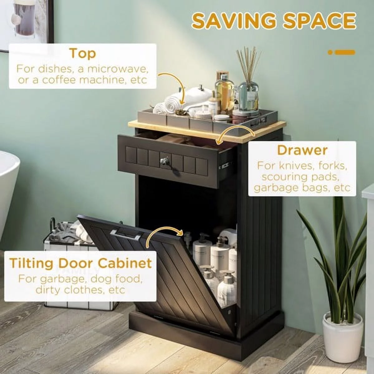 Kitchen Tilt Out Trash Bin Cabinet, ZPL Freestanding Laundry Sorter Cabinet,Trash Can Holder With Drawer, Freestanding Laundry Sorter Cabinet