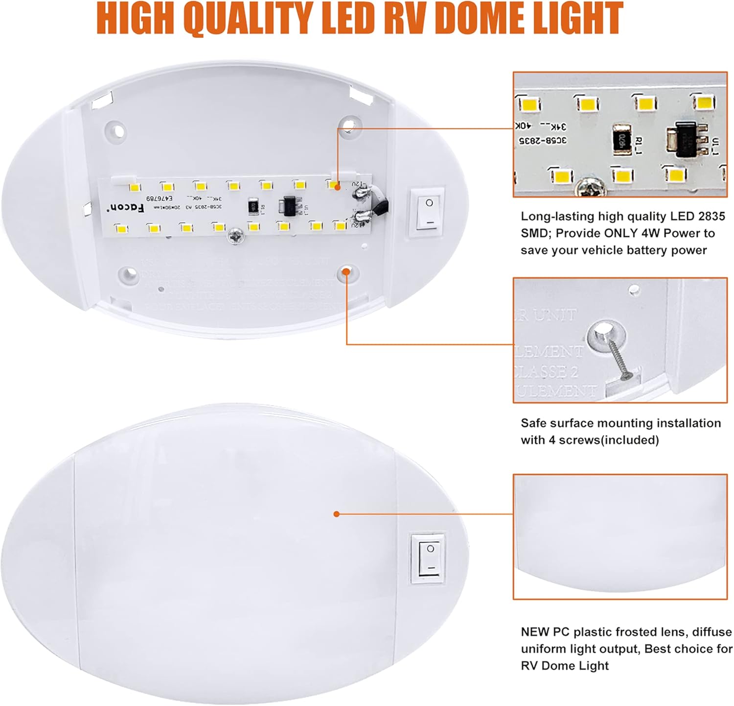 Facon Fashion LED Bright Pancake Light 12 Volt Interior Ceiling Dome Light with On/Off Switch for RV Motorhomes Camper Caravan Trailer Boat (with