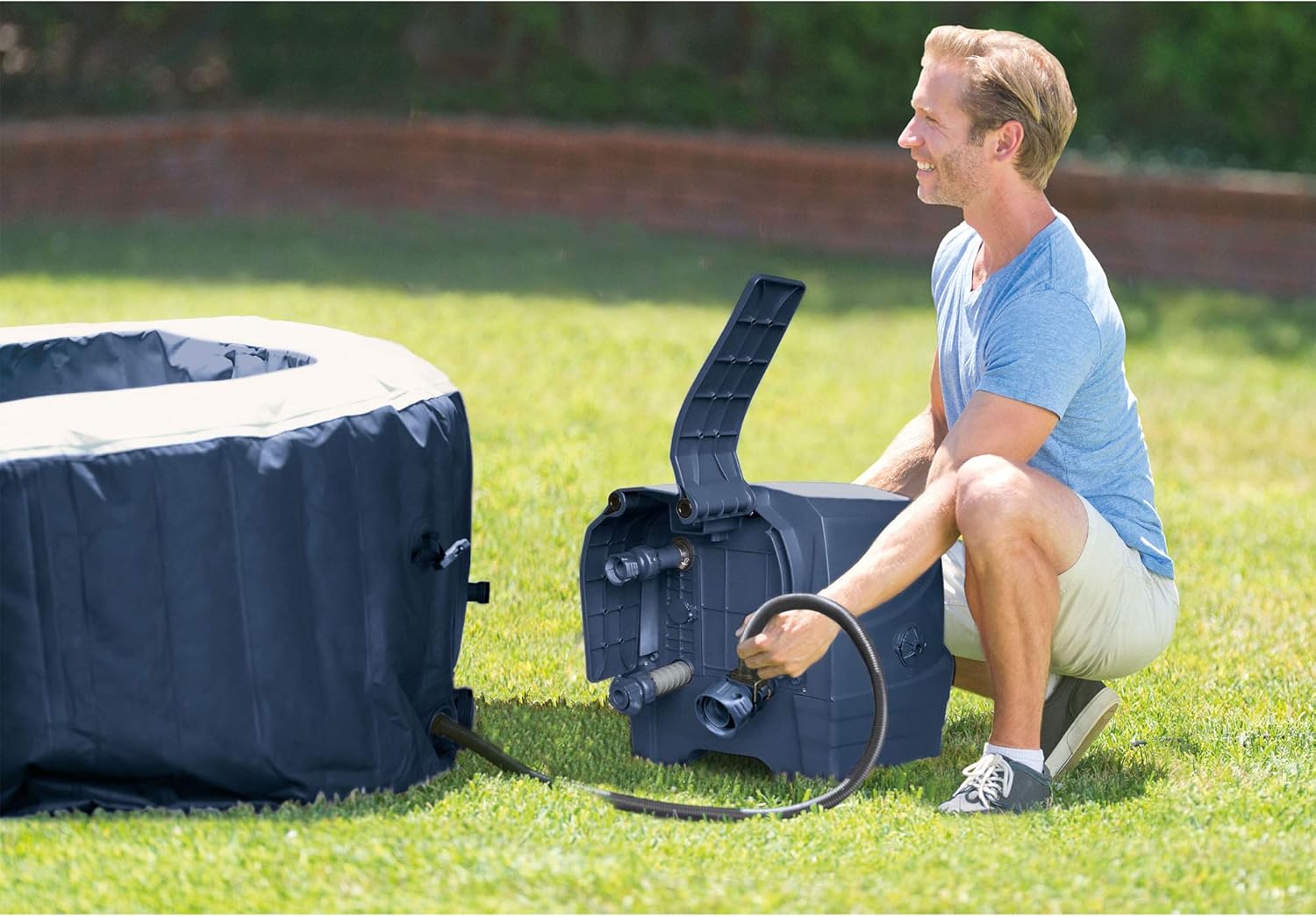 Intex 28431E PureSpa Plus 85in x 25in Outdoor Portable Inflatable 6 Person Round Hot Tub Spa with 170 Bubble Jets, Cover, Built in Heater Pump