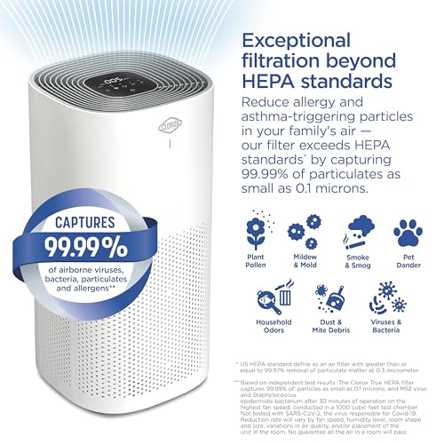 Clorox Air Purifiers for Home, True HEPA Filter, XL Rooms up to 2,220 sq ft, Removes 99.9% of Mold, Viruses, Wildfire Smoke, Allergens, Pet Allergies