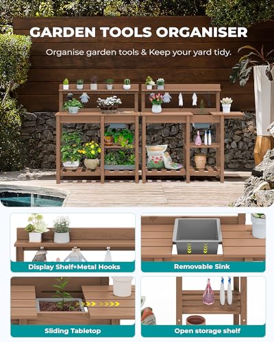 SERWALL Potting Bench Outdoor Potting Table with Sink, HDPE Potting Benches for Outside Gardening Table All Weather Use- Black