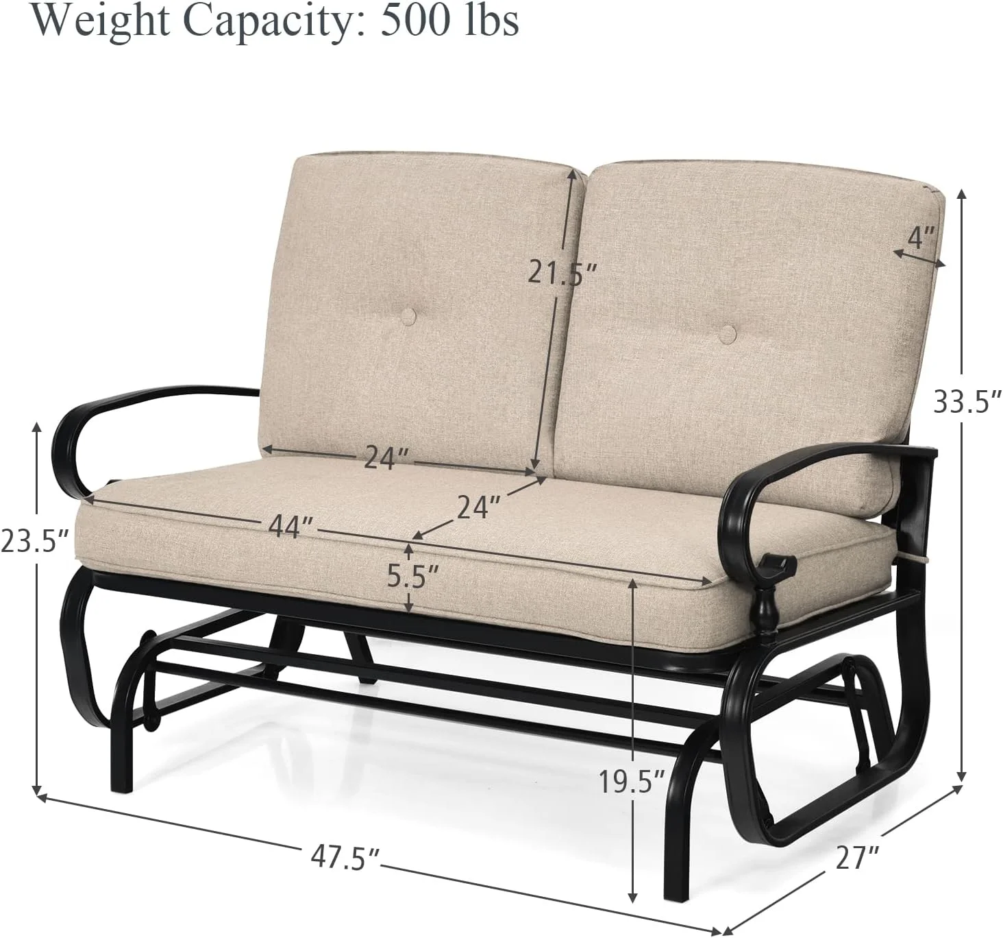 Outdoor Glider Bench Patio Loveseat with Cushions, 2-Person Outdoor Rocking Chair, Porch Glider Swing for Garden, Backyard, Poolsise