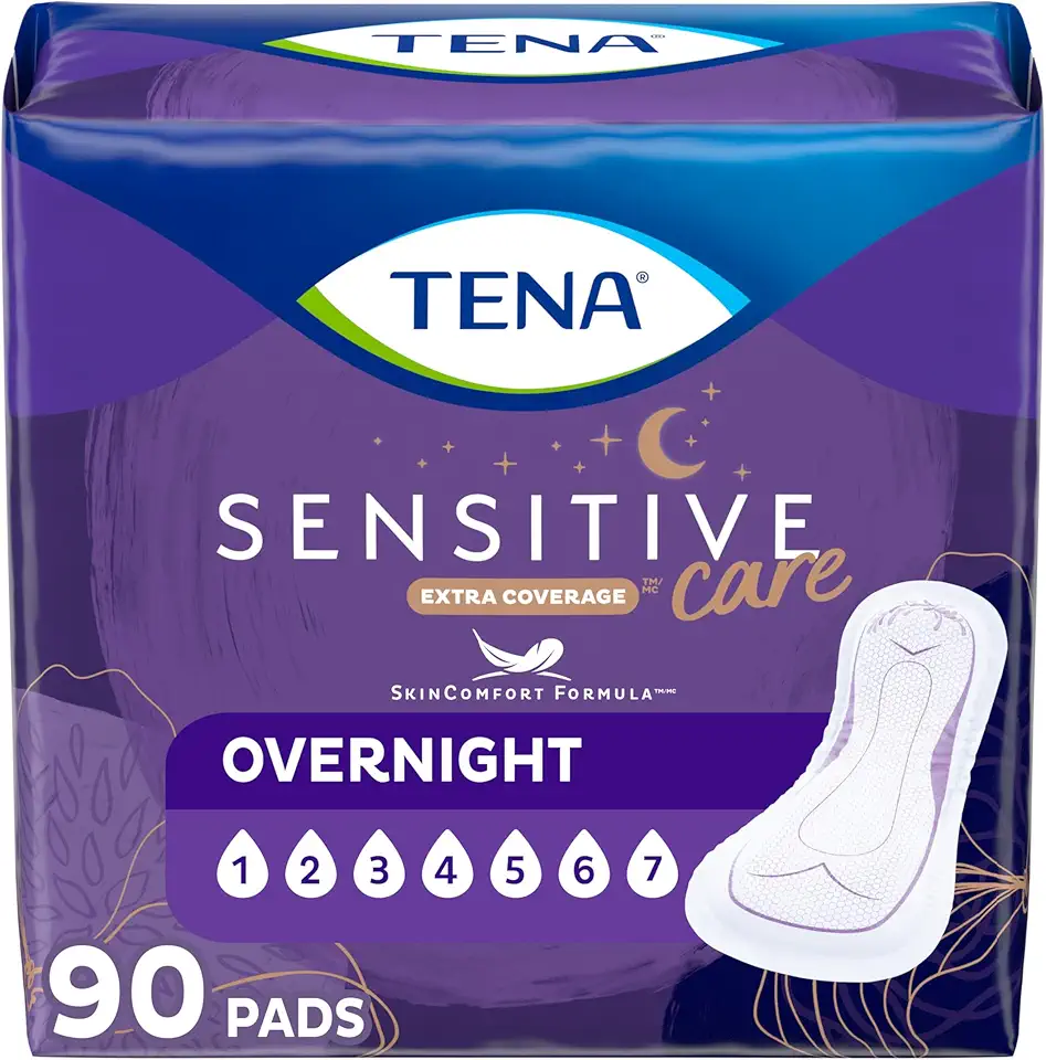 TENA Sensitive Care Incontinence Pads, Bladder Control, Postpartum for Women, Overnight Absorbency, Extra Coverage, 90 Count - Kansas Nuitrition