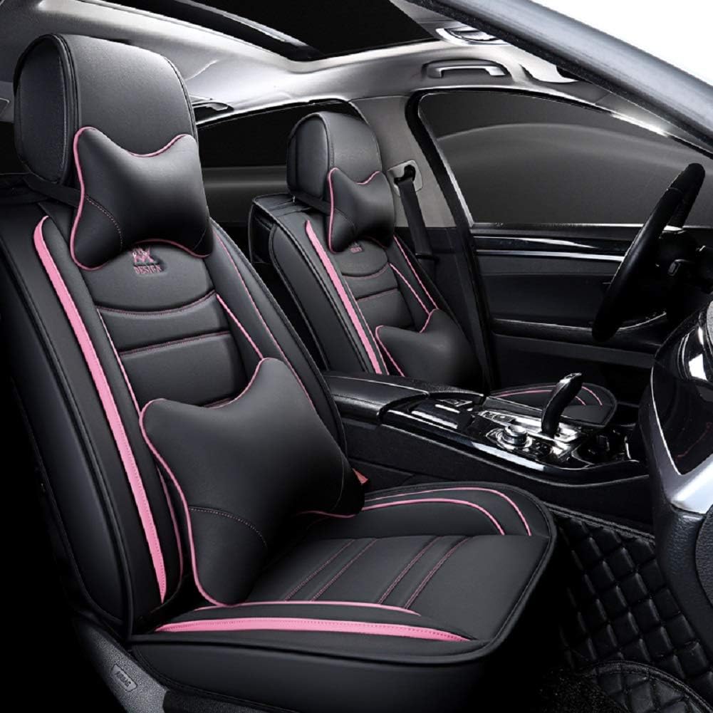 OUTOS Luxury Leather Auto Car Seat Covers 5 Seats Full Set Universal Fit(Black-White)