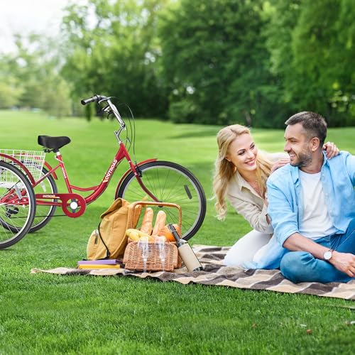 7-Speed Adult Tricycle with Large Basket 24/26 Inch, Stable 3-Wheel Cruise Bicycle for Shopping, Beach and City Trike Perfect for Men, Women