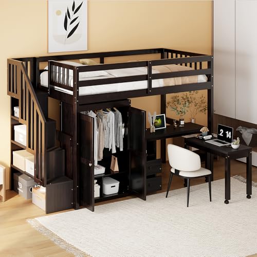 Harper & Bright Designs Twin Size Loft Bed with Stairs and Bookshelf, Wood Twin Storage Bed with Desk & Wardrobe