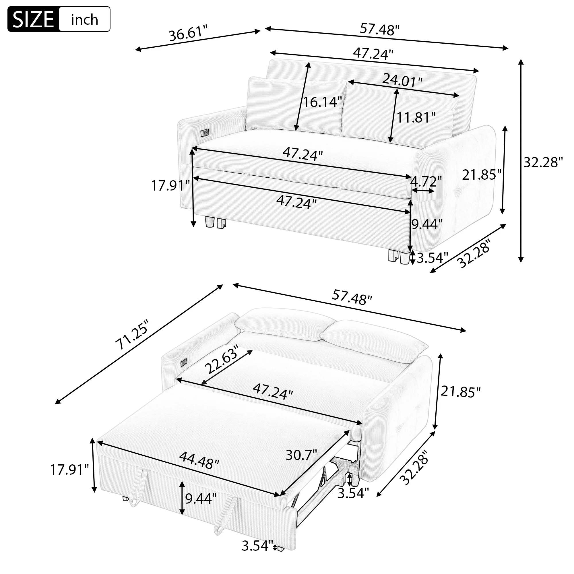 EUROCO 57.48" 3-in-1 Pull-out Convertible Sofa Bed Foldable Sleeper Corduroy Sofa Fabric Loveseat with 2 Throw Pillows