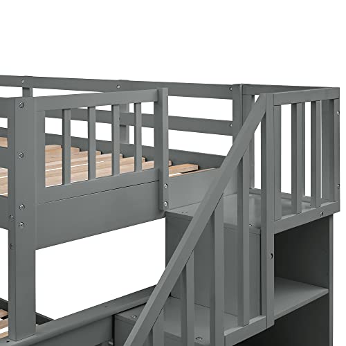 Ball & Cast Full Over Full Bunk Bed with Twin Size Trundle and Built in 4 Drawer,Wood Bunkbed w/Storage Ladder & Slat Support