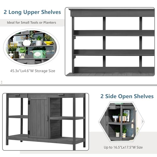 Merax 66" Large Outdoor Farmhouse Wooden Potting Bench Table, Garden Workstation with 2 Drawers, Cabinet, and Open Shelves for Backyard, Mudroom