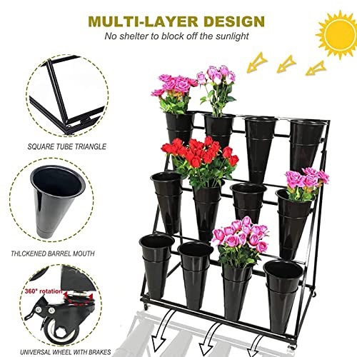 Flower Display Stand With 12PCS Buckets, 3 Layers Metal Plant Stand With Wheels, Heavy Duty Moving Plant Shelf, For Indoor, Outdoor Patio Garden