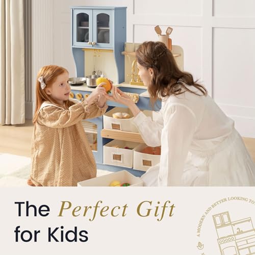 Tiny Land Play Kitchen for Kids with Enhanced Storage – Modern Toddler Kitchen Playset with Stove, Sink & Accessories, Organized Wooden Toy Kitchen