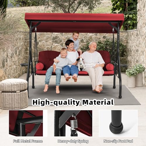 HOMREST 3 Seat Outdoor Porch Swing with Adjustable Canopy, Convertible Patio Swing Bed with Stand, Patio Glider Swing with Upgraded Cup Holder