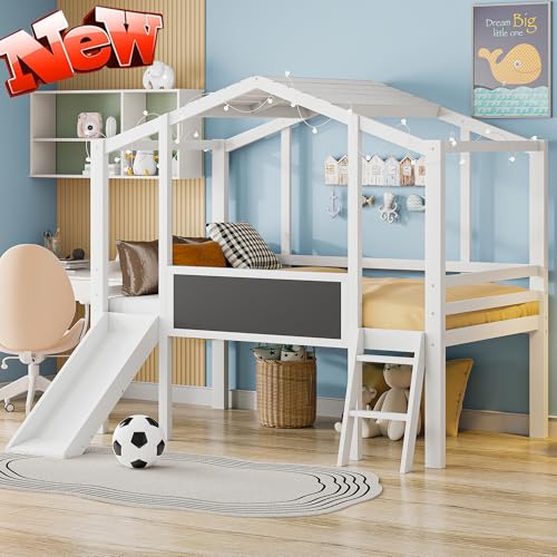 Harper & Bright Designs Kids Twin Low Loft Bed with Slide and Storage Shelves, Wood Playhouse Loft Bed Frame with a Tent & Stairs