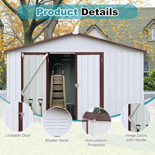 8x6 FT Outdoor Storage Shed, Metal Tool Shed with Lockable Doors, Peaked Roof & Frame Floor